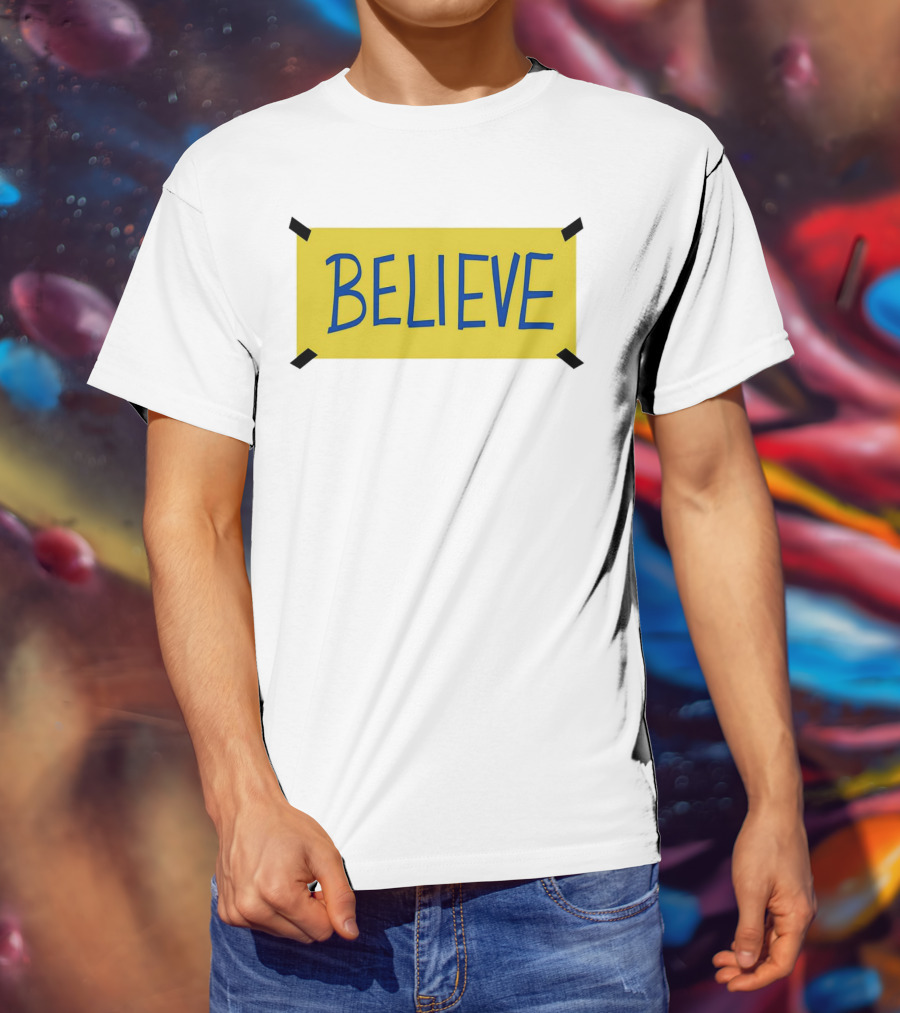Ted Lasso Believe Sign Taped Yellow Background T-Shirt