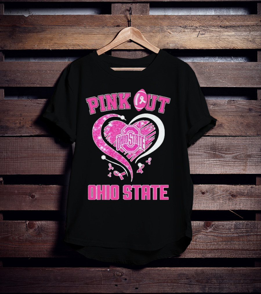 Ohio State Pink Out Breast Cancer Heart Football T-Shirt