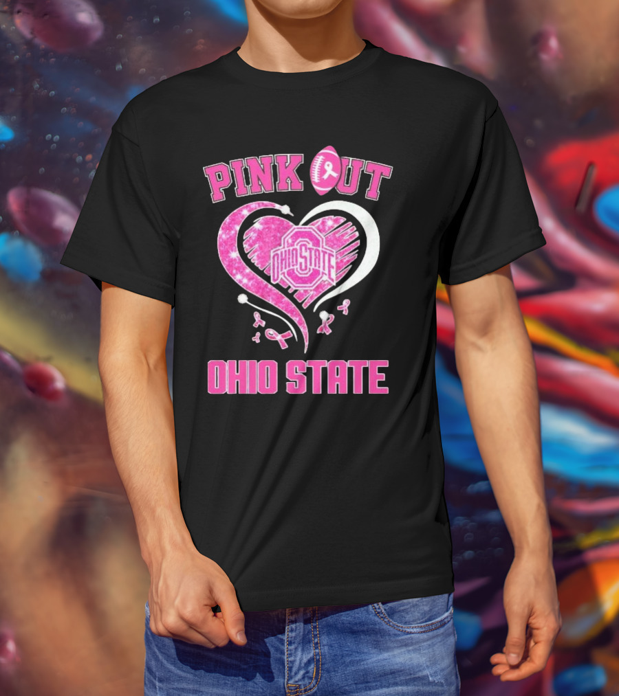 Ohio State Pink Out Breast Cancer Heart Football T-Shirt