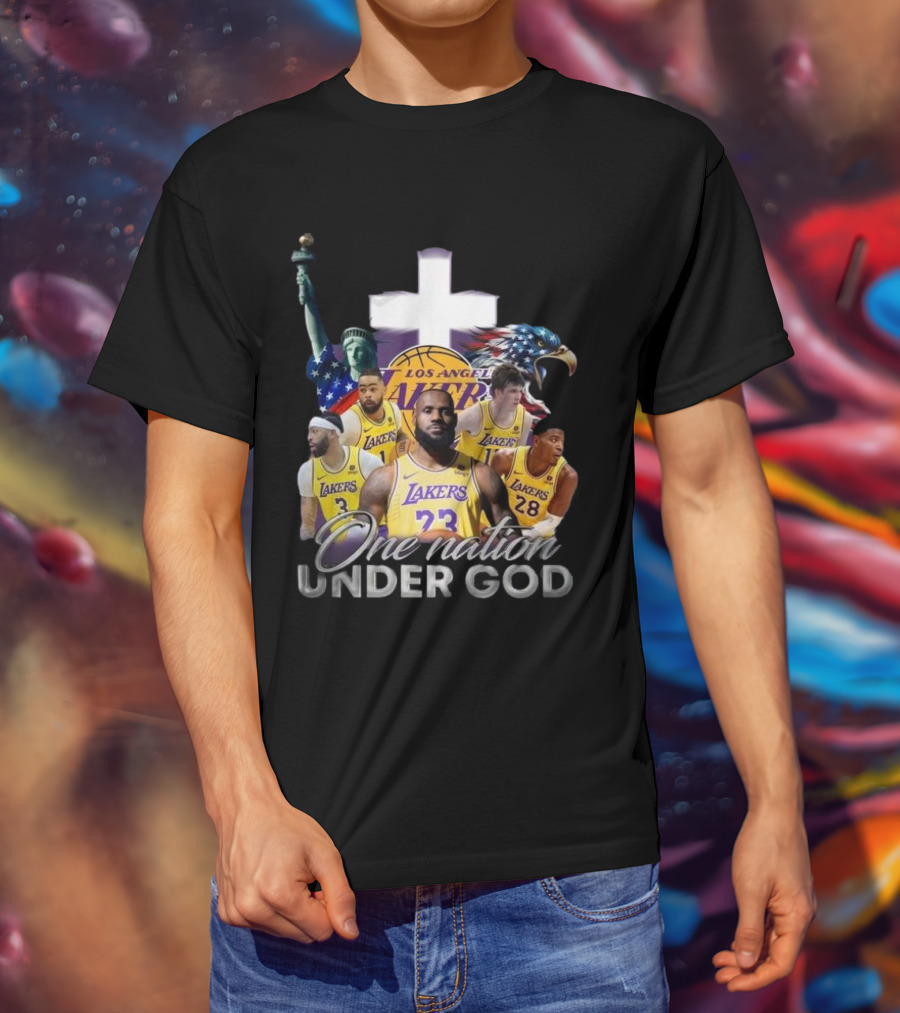 Los Angeles Lakers One Nation Under God Statue Of Liberty Cross Eagle Basketball Players T-Shirt
