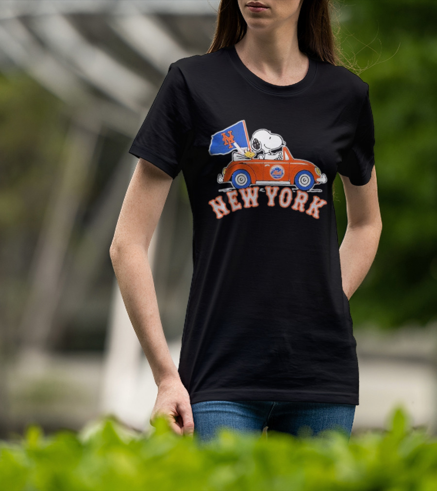 Snoopy Driving Car With New York Mets Flag T-Shirt
