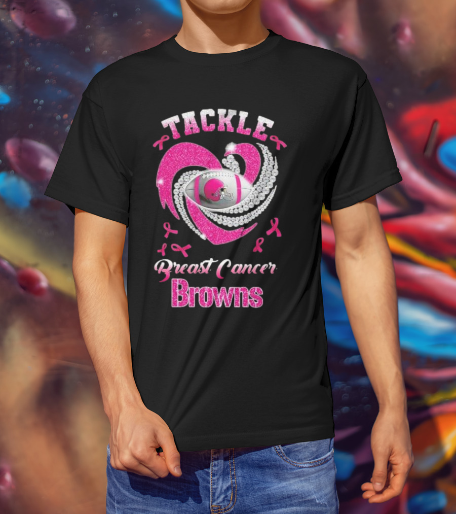 Tackle Breast Cancer Browns Pink Ribbon Football T-Shirt
