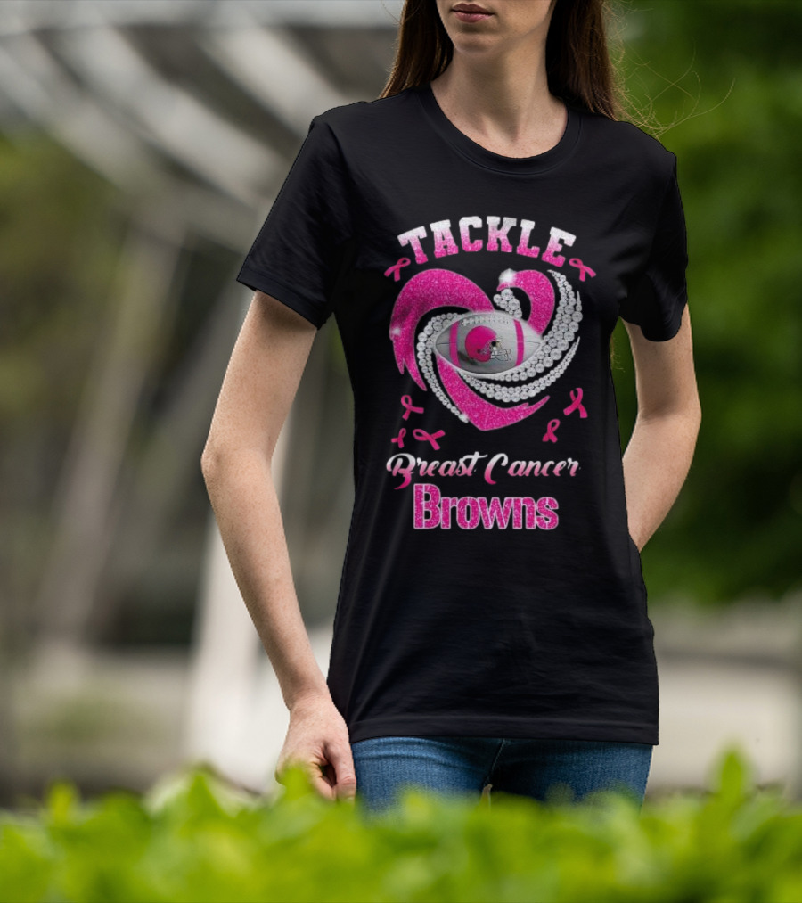 Tackle Breast Cancer Browns Pink Ribbon Football T-Shirt