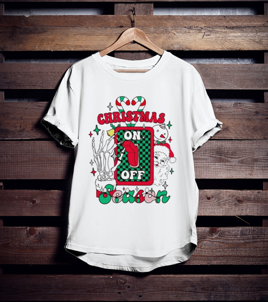 Christmas Season On Off Skeleton Hand Santa Claus T-Shirt
