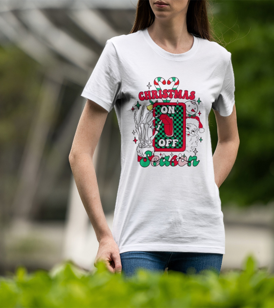 Christmas Season On Off Skeleton Hand Santa Claus T-Shirt
