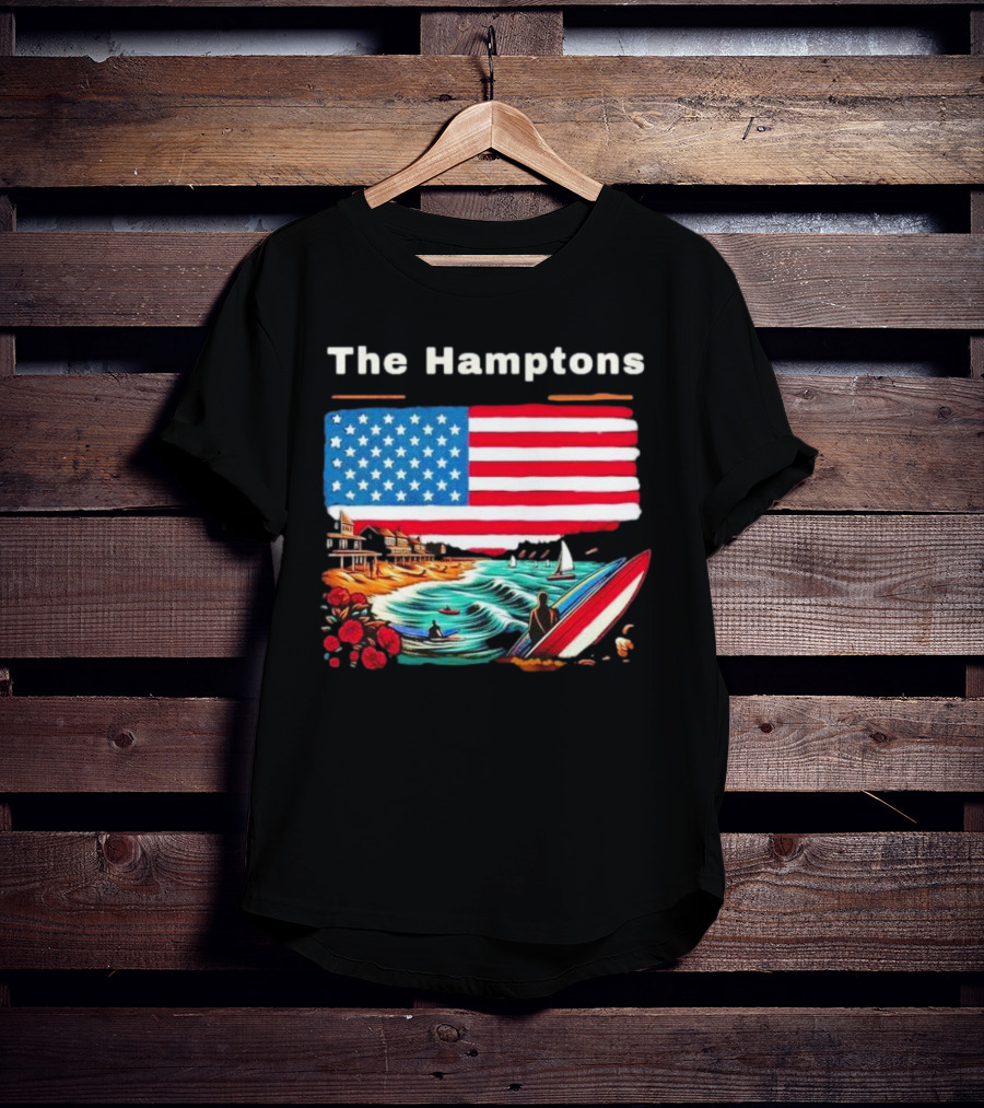 The Hamptons American Flag Beach Oceanside Surfing Scene T-Shirt