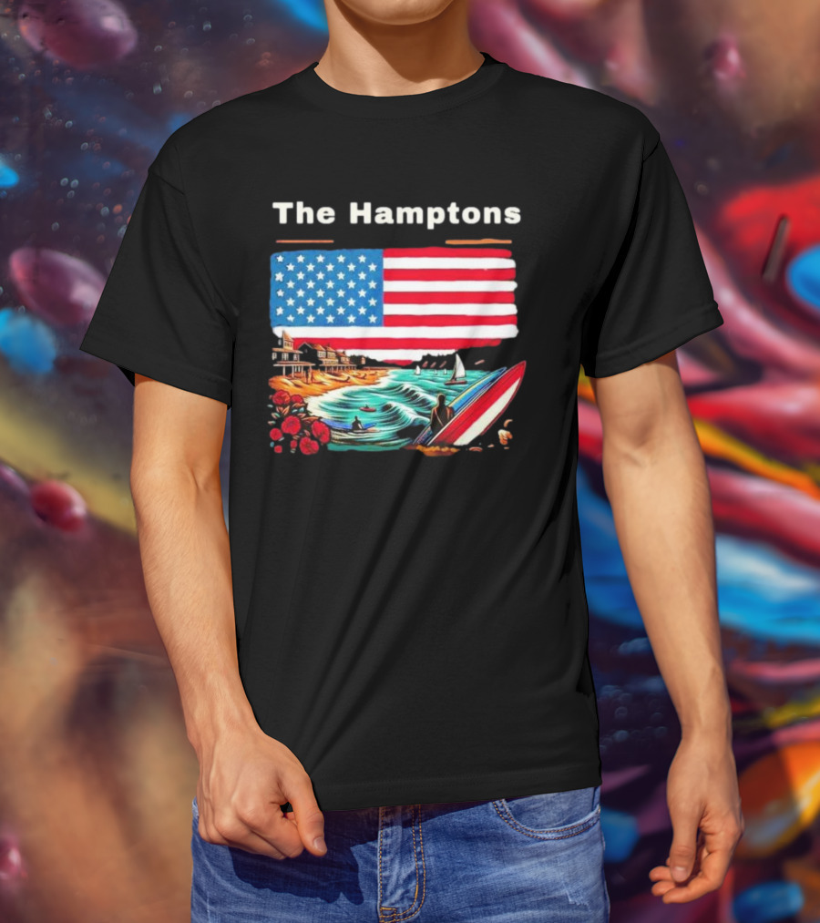 The Hamptons American Flag Beach Oceanside Surfing Scene T-Shirt