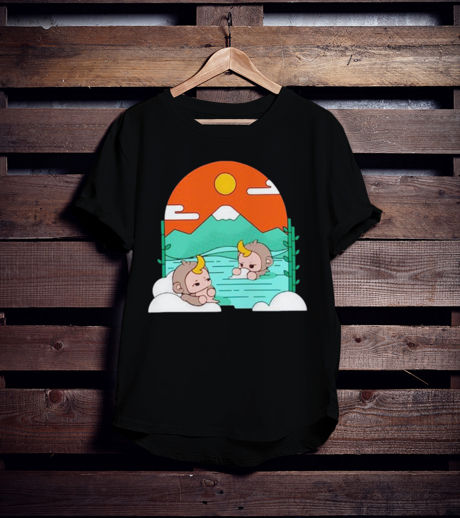 The Tranquil Monkey Hot Spring Relaxation Scene With Mountains And Sun T-Shirt