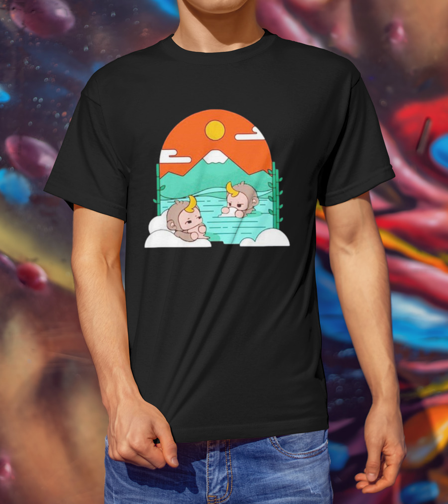 The Tranquil Monkey Hot Spring Relaxation Scene With Mountains And Sun T-Shirt