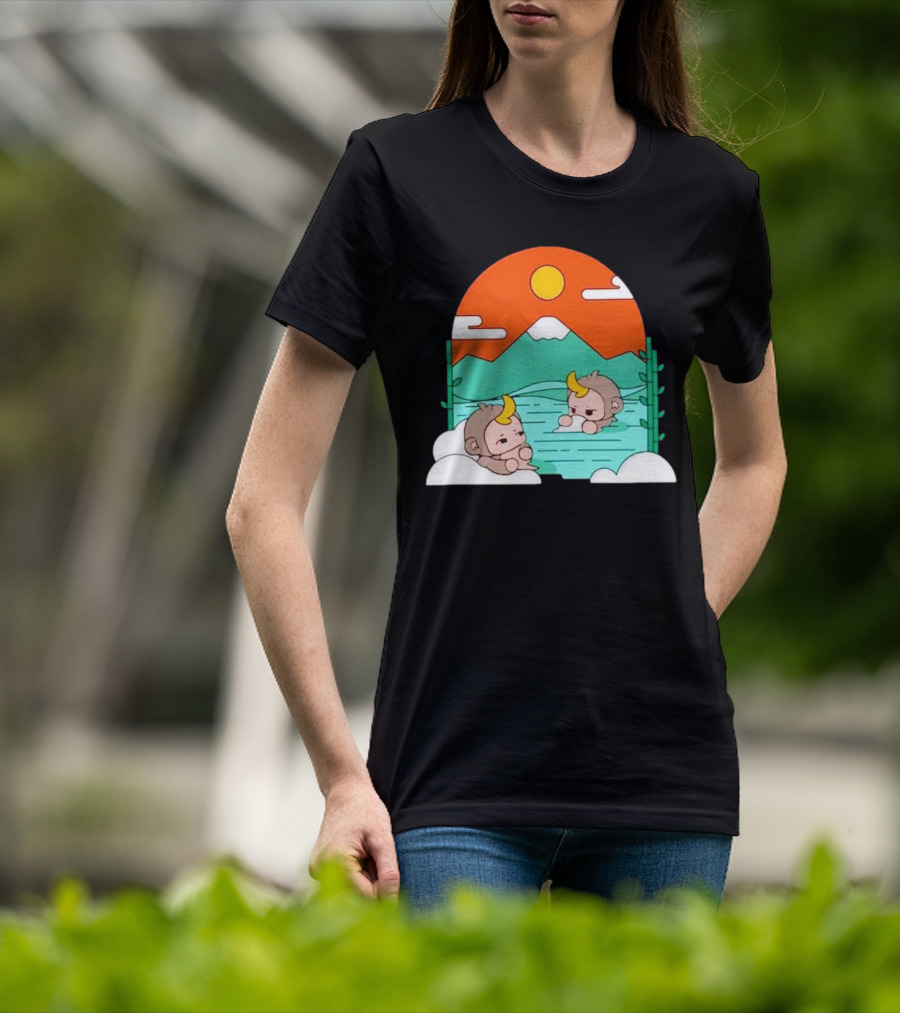 The Tranquil Monkey Hot Spring Relaxation Scene With Mountains And Sun T-Shirt