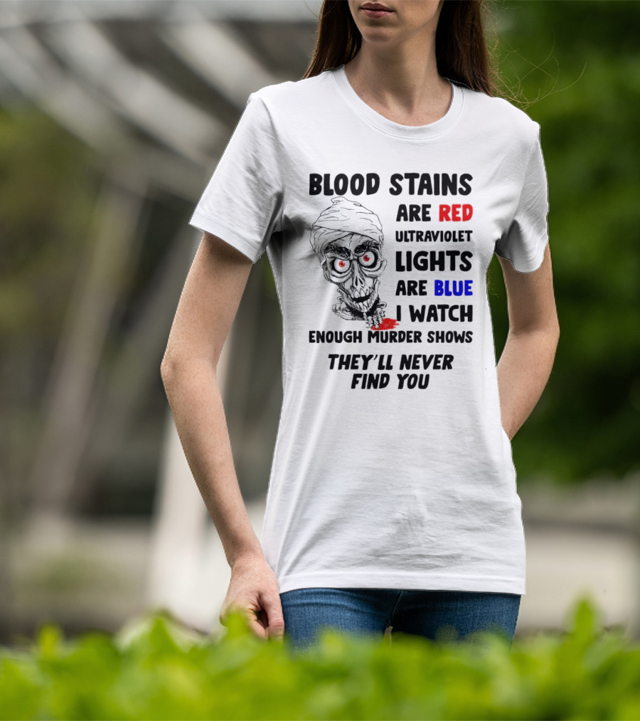 Blood Stains Are Red Ultraviolet Lights Are Blue I Watch Enough Murder Shows They'll Never Find You Skull T-Shirt