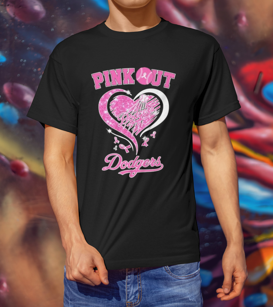 Pink Out Dodgers Heart Breast Cancer Los Angeles T-Shirt