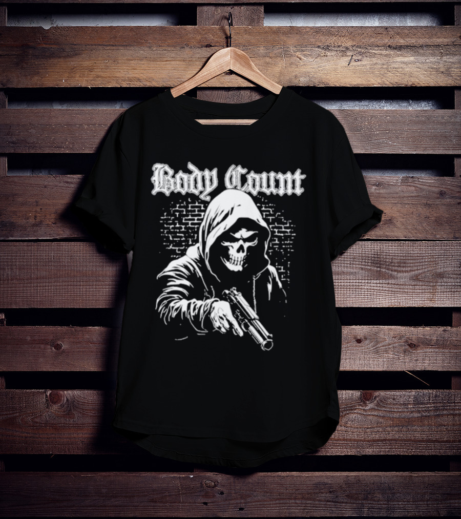 Body Count Hooded Skull With Gun Brick Wall Background T-Shirt