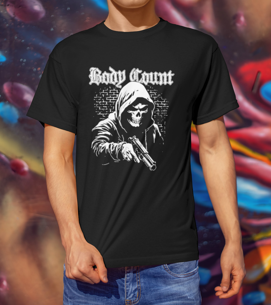 Body Count Hooded Skull With Gun Brick Wall Background T-Shirt