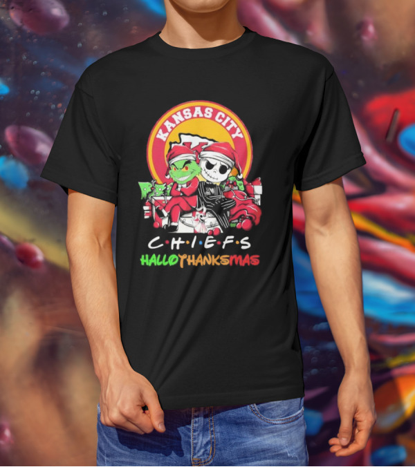 Kansas City Chiefs Grinch Jack Skellington Hallothanksmas T-Shirt