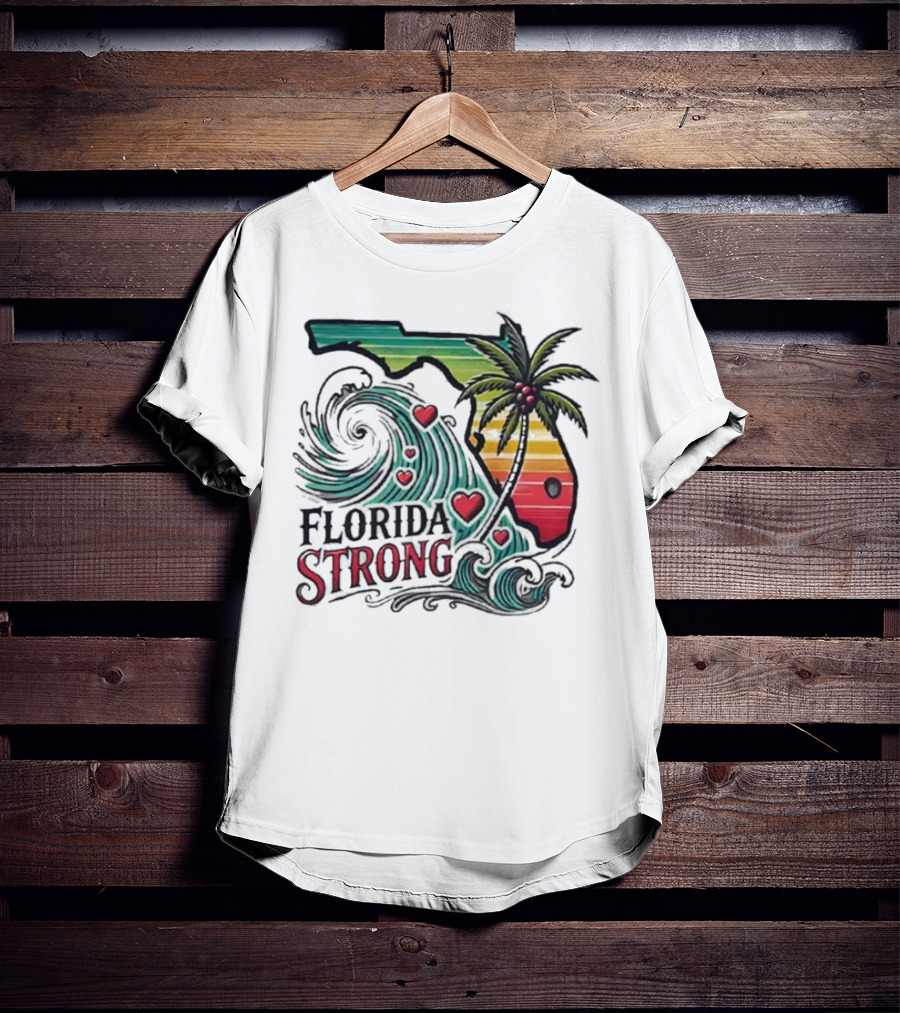 Womens Florida Strong State Outline With Palm Tree And Waves T-Shirt