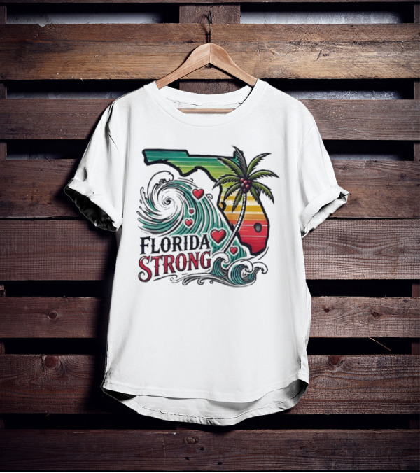 Womens Florida Strong State Outline With Palm Tree And Waves T-Shirt
