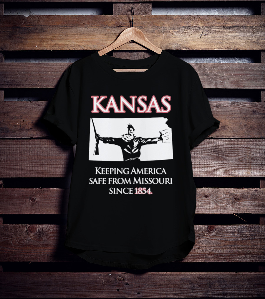 Kansas Keeping America Safe From Missouri Since 1854 Black Shirt With Armed Figure Holding Map And Gun T-Shirt