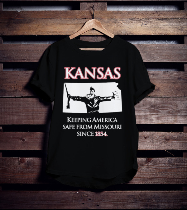 Kansas Keeping America Safe From Missouri Since 1854 Black Shirt With Armed Figure Holding Map And Gun T-Shirt