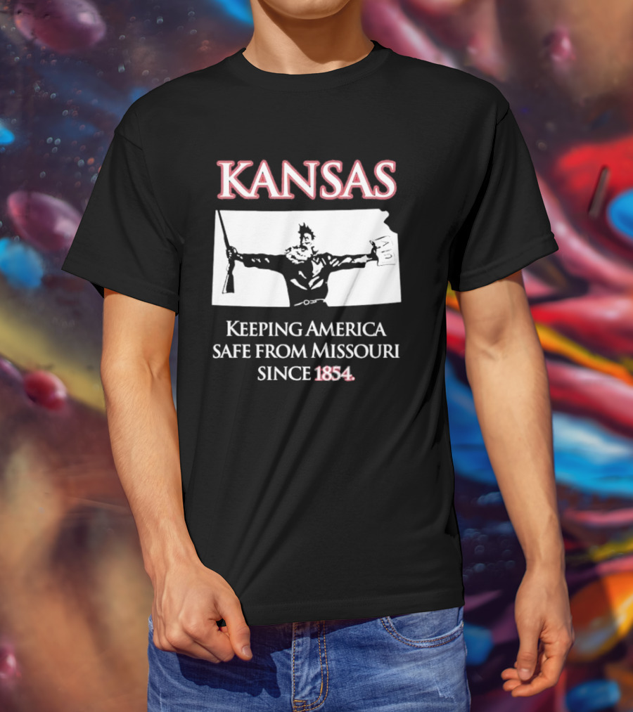 Kansas Keeping America Safe From Missouri Since 1854 Black Shirt With Armed Figure Holding Map And Gun T-Shirt