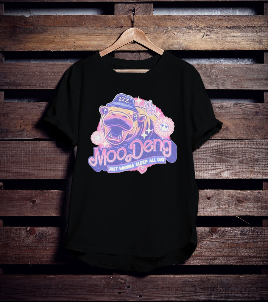 Moo Deng ZZZ Peaceful Sleep All Day With Flowers And Hearts T-Shirt