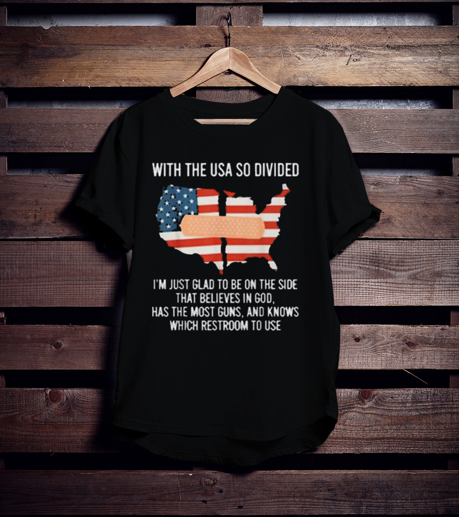 With The USA So Divided Believes In God Has The Most Guns Knows Which Restroom To Use T-Shirt