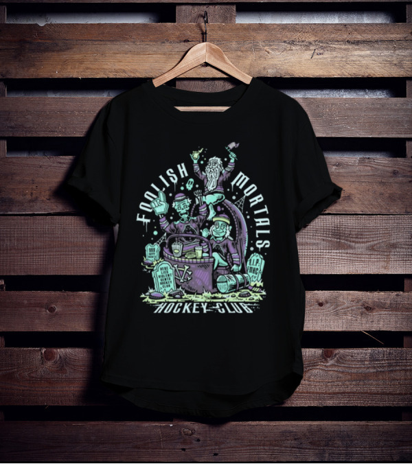 Foolish Mortals Hockey Club With Tombstones And Ghostly Characters T-Shirt