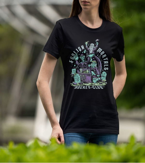 Foolish Mortals Hockey Club With Tombstones And Ghostly Characters T-Shirt