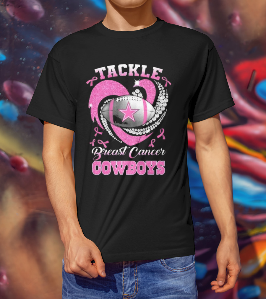 Tackle Breast Cancer Cowboys Heart Football Diamond Pink T-Shirt
