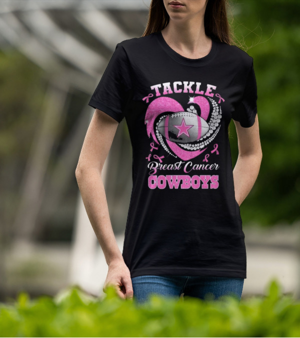 Tackle Breast Cancer Cowboys Heart Football Diamond Pink T-Shirt