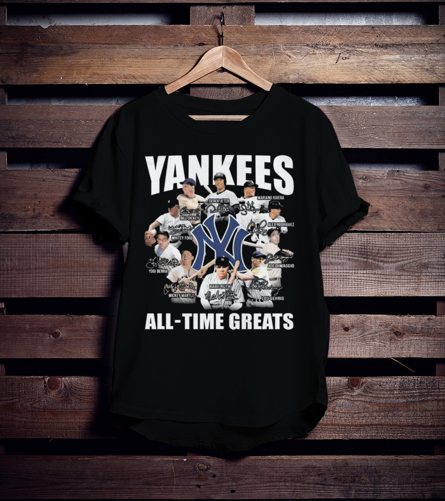 Yankees All-Time Greats Signature Celebrating Derek Jeter Babe Ruth Lou Gehrig Mariano Rivera Mickey Mantle T-Shirt