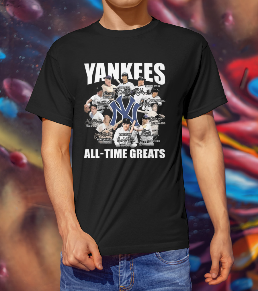 Yankees All-Time Greats Signature Celebrating Derek Jeter Babe Ruth Lou Gehrig Mariano Rivera Mickey Mantle T-Shirt