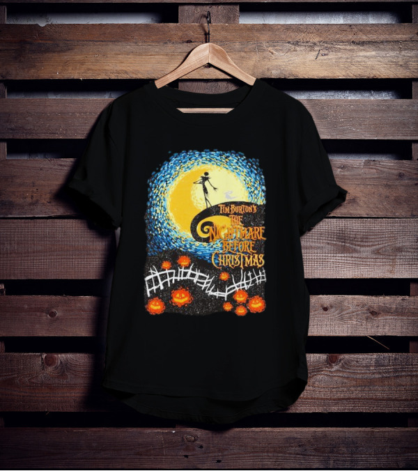 Tim Burton's The Nightmare Before Christmas Starry Night Vintage Pumpkin Fence T-Shirt