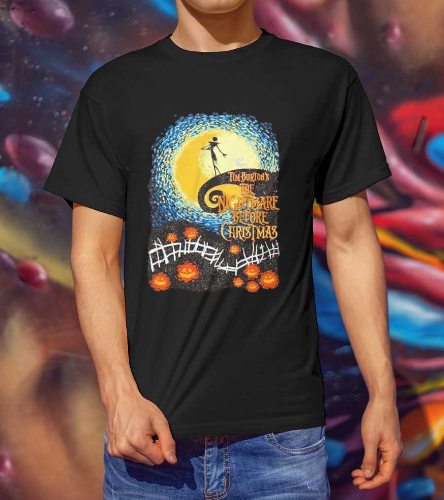 Tim Burton's The Nightmare Before Christmas Starry Night Vintage Pumpkin Fence T-Shirt