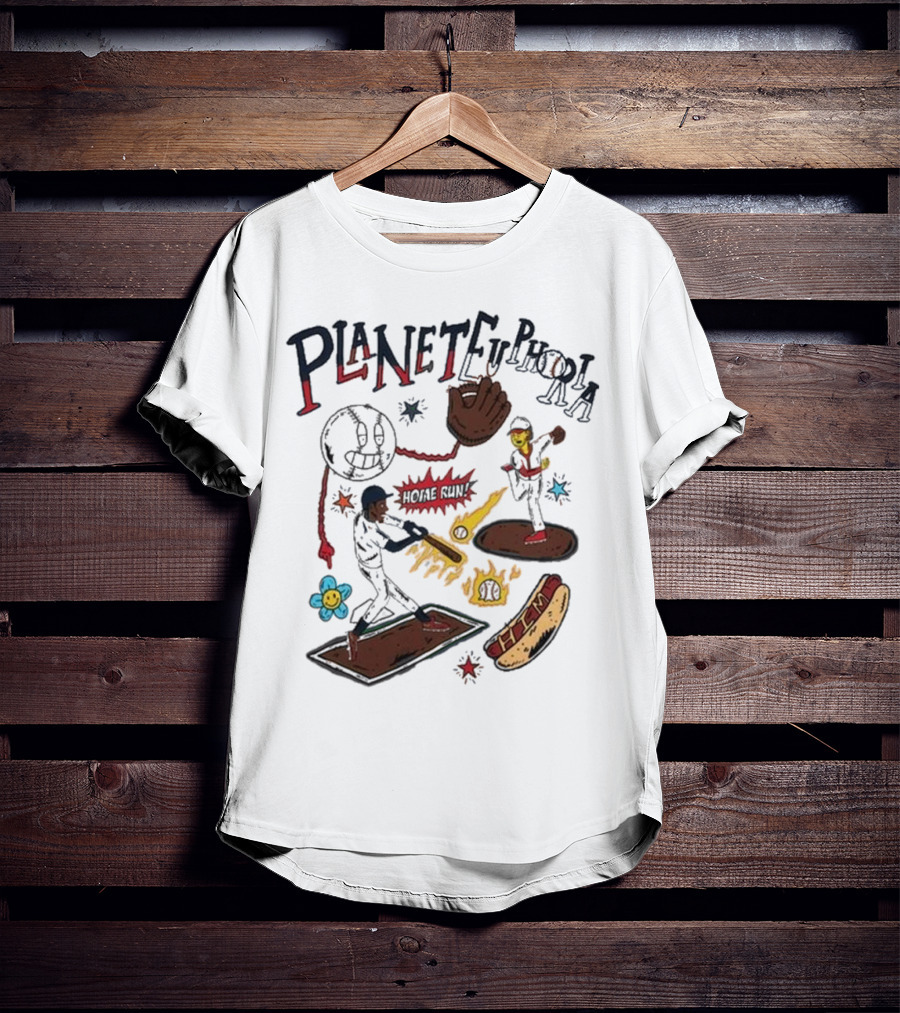Planet Euphoria Baseball Home Run Hot Dog Illustration With Players And Glove T-Shirt