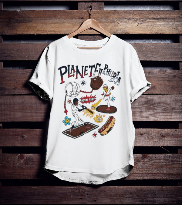 Planet Euphoria Baseball Home Run Hot Dog Illustration With Players And Glove T-Shirt