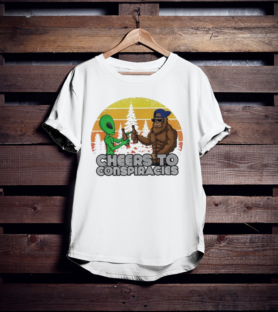 Alien And Bigfoot Cheers To Conspiracies In Retro Sunset Forest T-Shirt