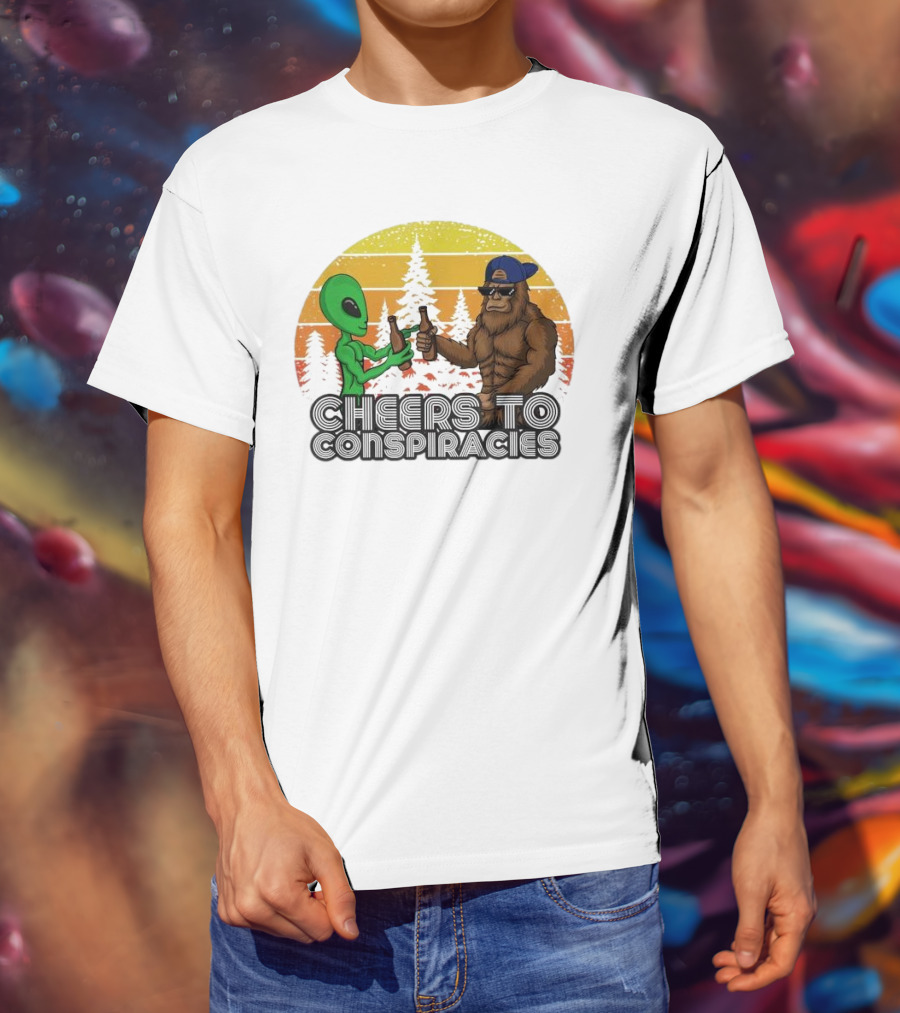 Alien And Bigfoot Cheers To Conspiracies In Retro Sunset Forest T-Shirt