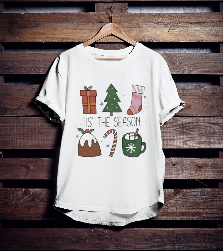 'Tis The Season Christmas Tree Stocking Gift Candy Cane Hot Chocolate T-Shirt