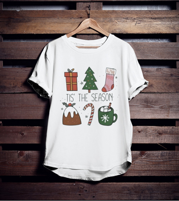 'Tis The Season Christmas Tree Stocking Gift Candy Cane Hot Chocolate T-Shirt