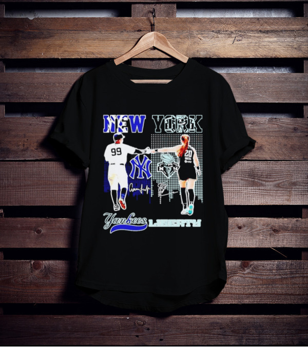 New York Yankees Yankees Aaron Judge Liberty Sabrina Ionescu Signatures Skyline T-Shirt