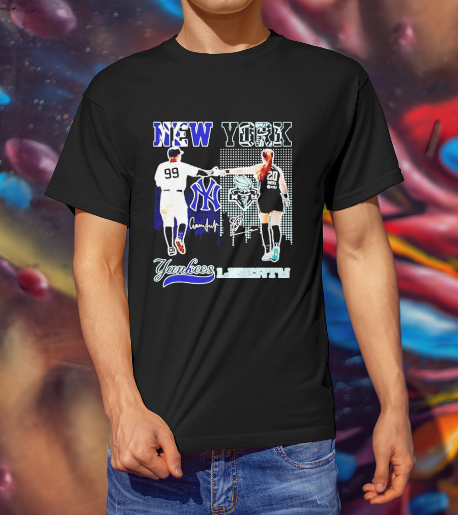 New York Yankees Yankees Aaron Judge Liberty Sabrina Ionescu Signatures Skyline T-Shirt
