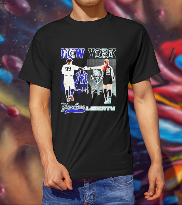 New York Yankees Yankees Aaron Judge Liberty Sabrina Ionescu Signatures Skyline T-Shirt
