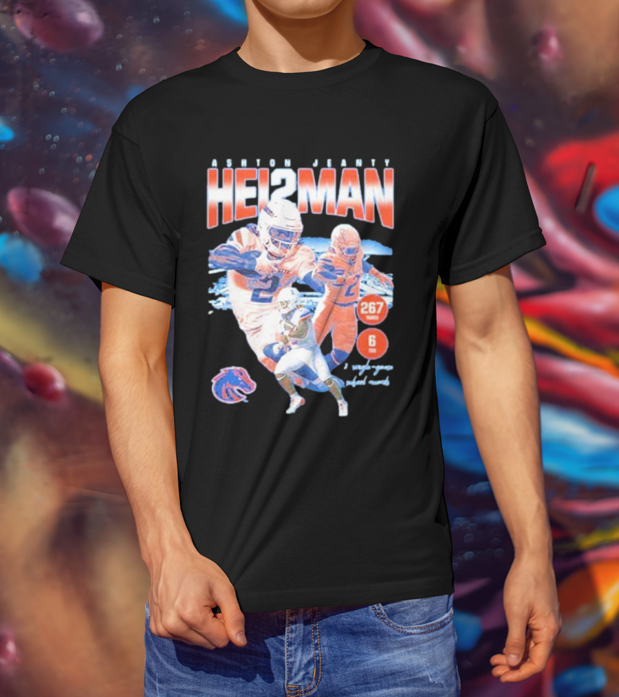 ASHTON JEANTY HEI2MAN 267 Yards 6 Touchdowns Boise State Broncos Player Collage T-Shirt