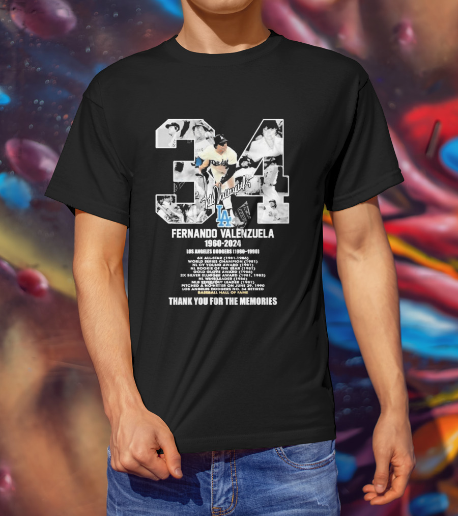 Fernando Valenzuela Los Angeles Dodgers 1980-1991 Baseball Hall Of Fame Thank You For The Memories 34 Signature T-Shirt