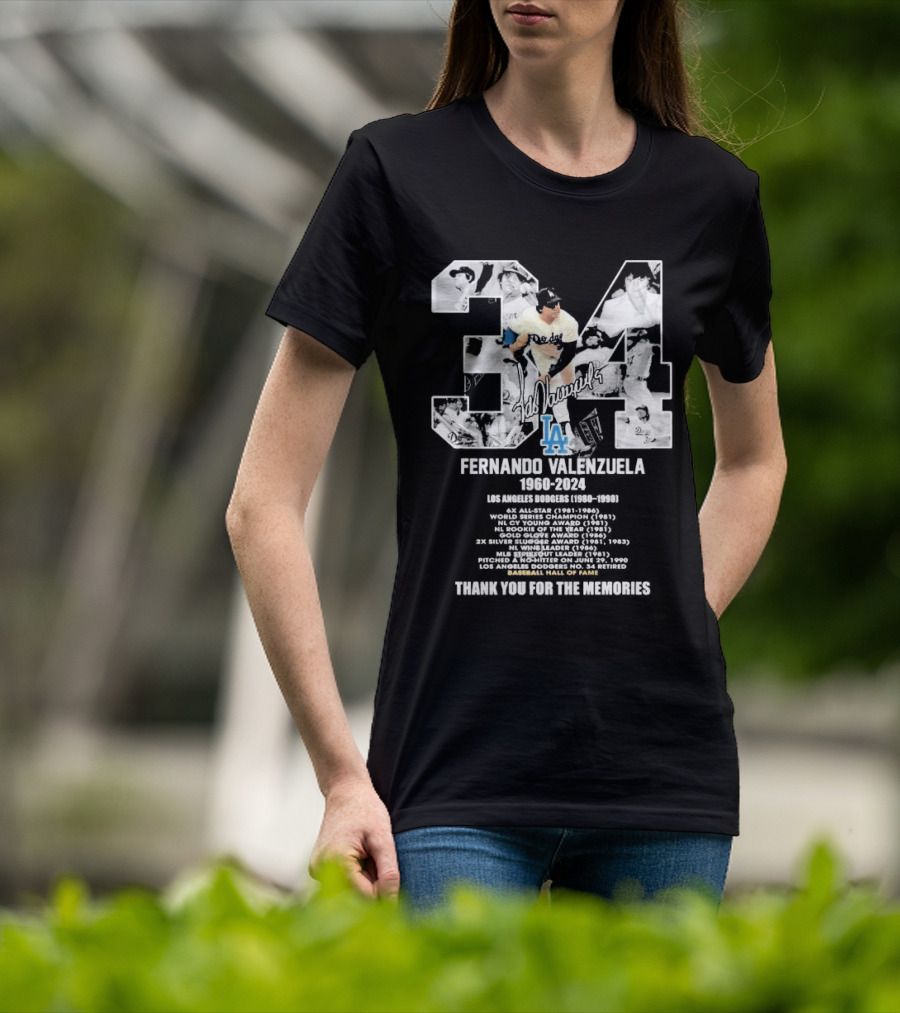 Fernando Valenzuela Los Angeles Dodgers 1980-1991 Baseball Hall Of Fame Thank You For The Memories 34 Signature T-Shirt