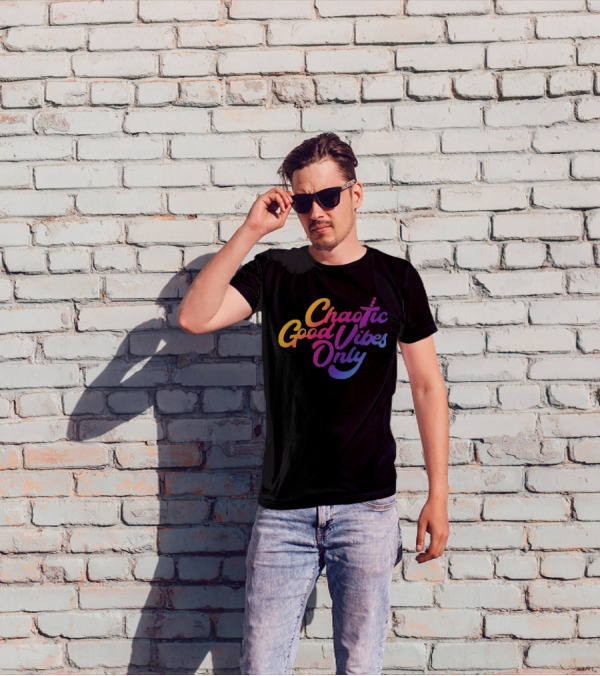 Chaotic Good Vibes Only Sword Icon Gradient Text T-Shirt