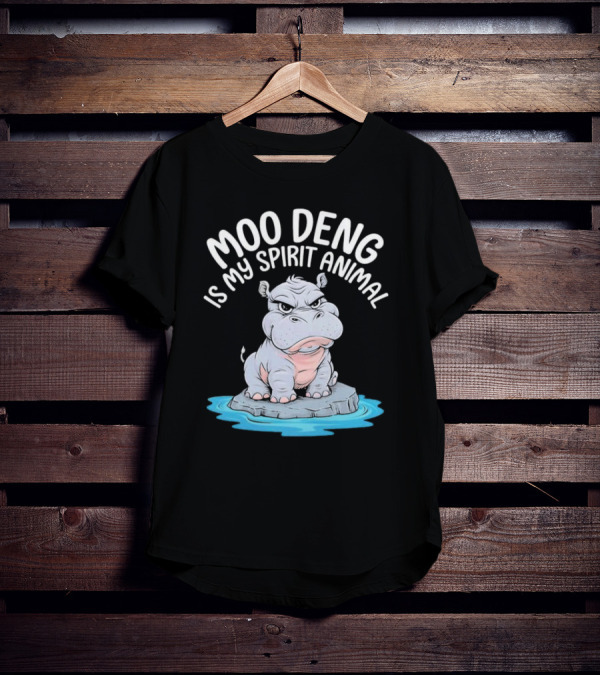 Moo Deng Is My Spirit Animal Cartoon Hippo On Rock In Water T-Shirt
