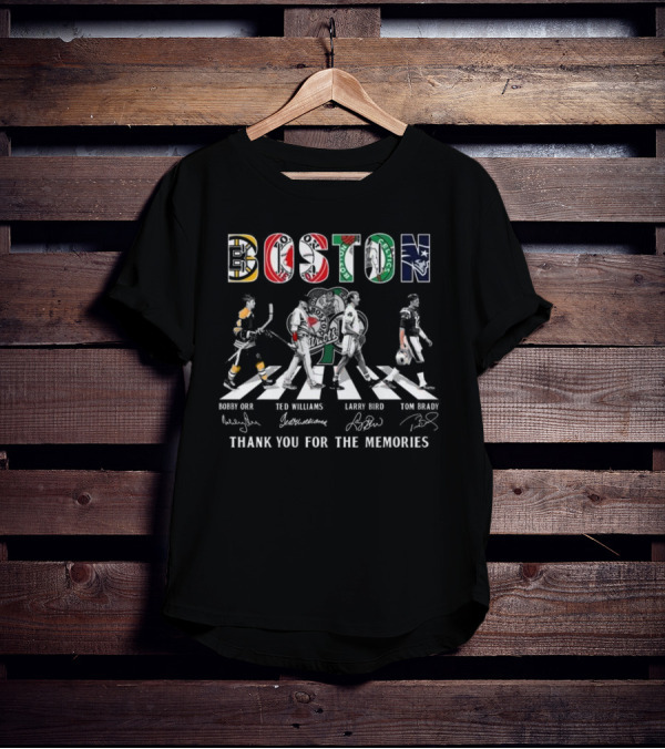 Boston Bruins Red Sox Celtics Patriots Bobby Orr Ted Williams Larry Bird Tom Brady Thank You For The Memories T-Shirt