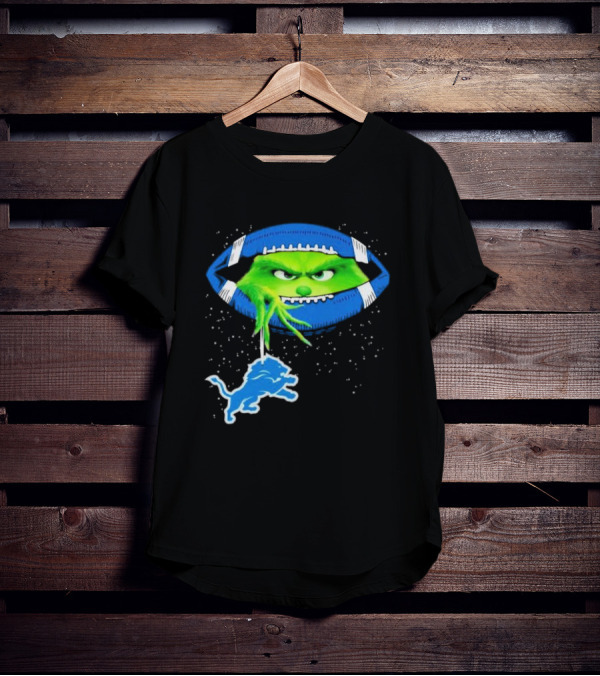 Grinch Holding Detroit Lions Logo Inside Football Christmas T-Shirt